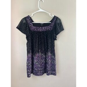Y2k Apt. 9 Black‎ Floral Print Top Purple Square Mesh Fairycore Cottagecore Boho
